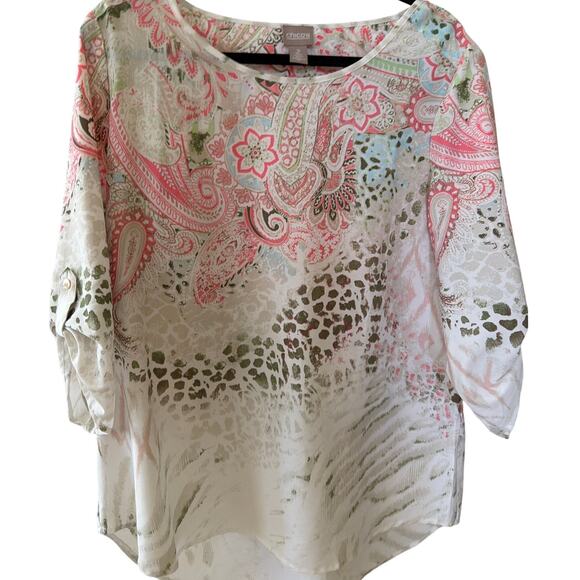 Chico's Tops - Chico's Floral Blouse Women's Size Large 2 Pink Green Animal Print Sheer Top
